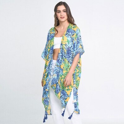 Floral Patterned Cover Up Kimono Poncho - YELLOW