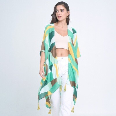 Abstract Patterned Cover Up Kimono Poncho - GREEN