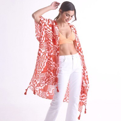 Abstract Patterned Cover Up Kimono Poncho - RED