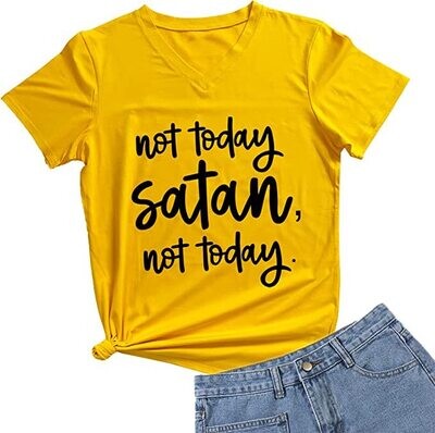 Not Today Satan V-Neck Graphic T-Shirt- YELLOW