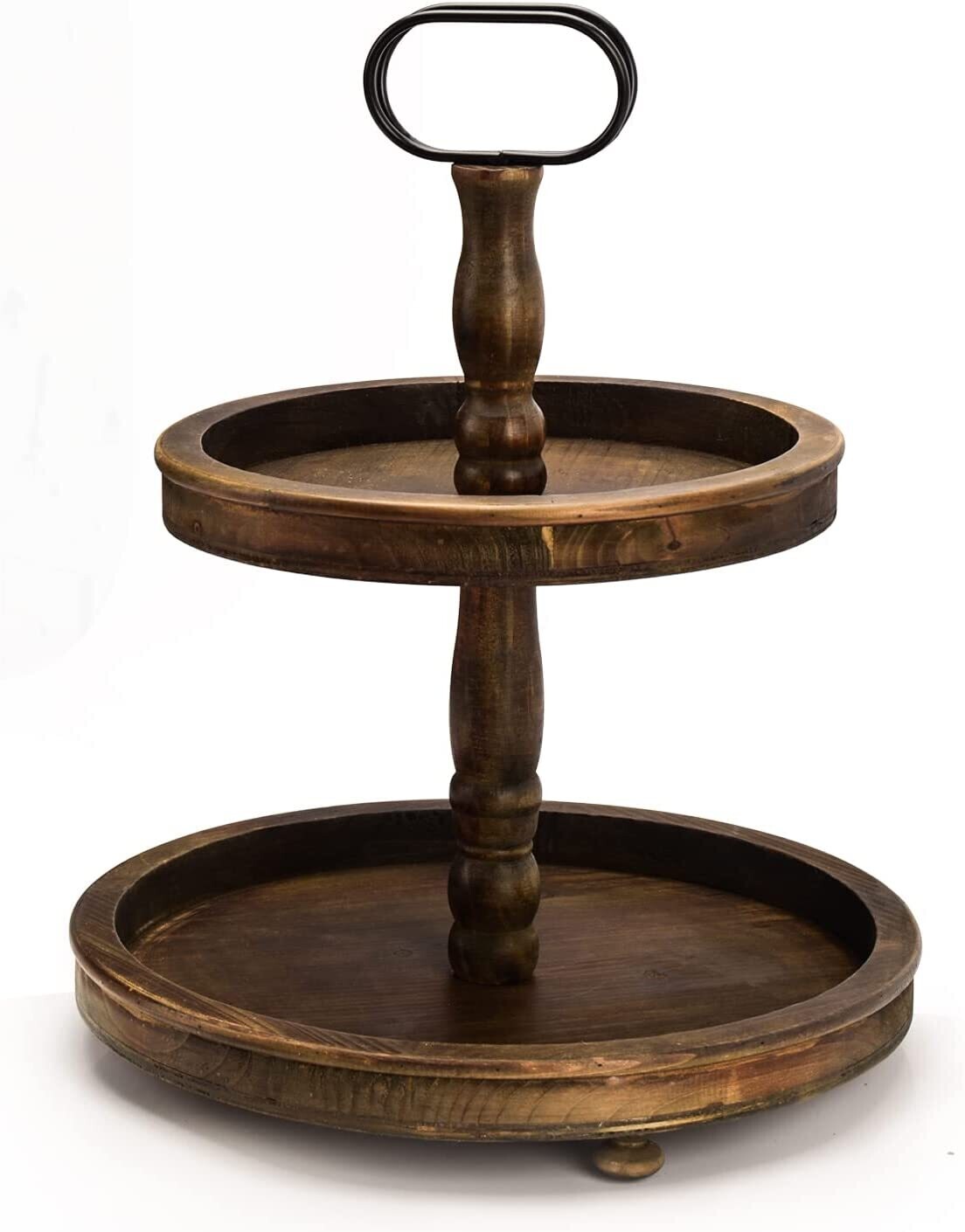 Tiered Tray Two Tiered Farmhouse Style - Dark Brown Round