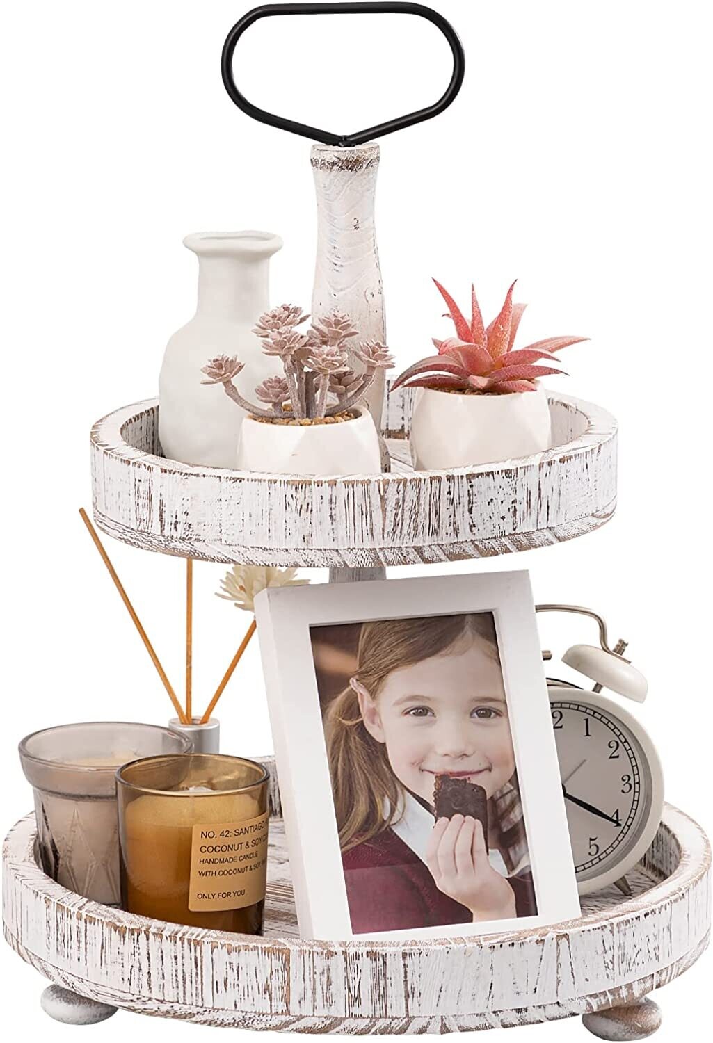 Tiered Tray Two Tiered Farmhouse Style - Distressed White