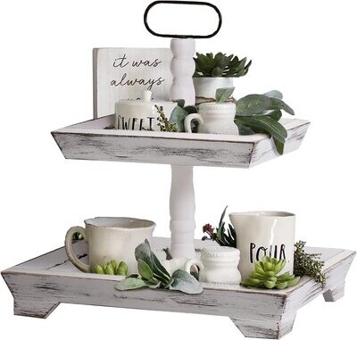 Tiered Tray Two Tiered Farmhouse Style - Distressed White