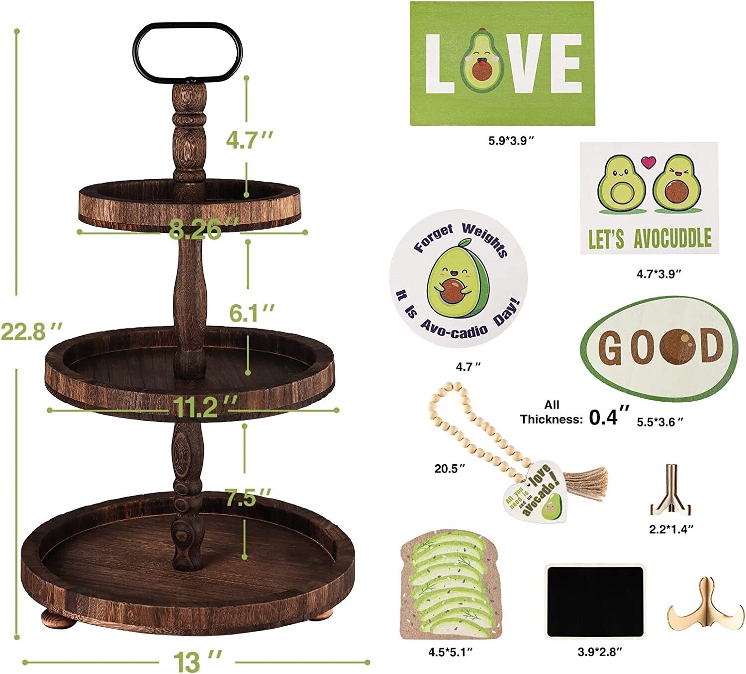 Tiered Tray Three Tiered Farmhouse Style WITH 7 Pieces Avacado Theme Decor - Brown Wooden