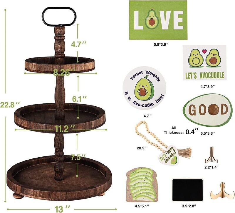 Tiered Tray Three Tiered Farmhouse Style WITH 7 Pieces Avacado Theme Decor - Brown Wooden