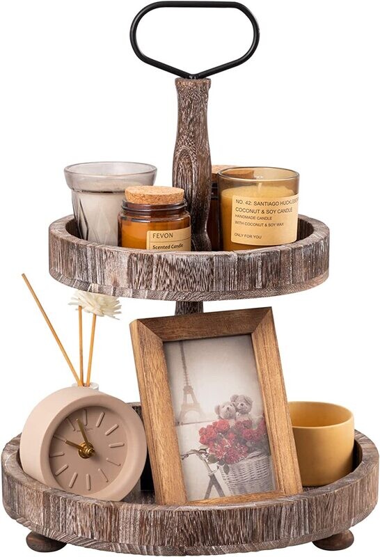 Tiered Tray Two Tiered Farmhouse Style - Distressed Brown