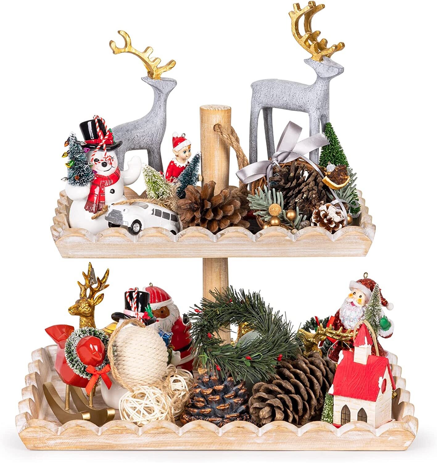 Tiered Tray Two Tiered Farmhouse Style - Wooden Rectangle Natural