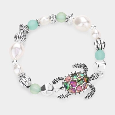 Abalone Turtle with Pearl Accent Stretch Bracelet