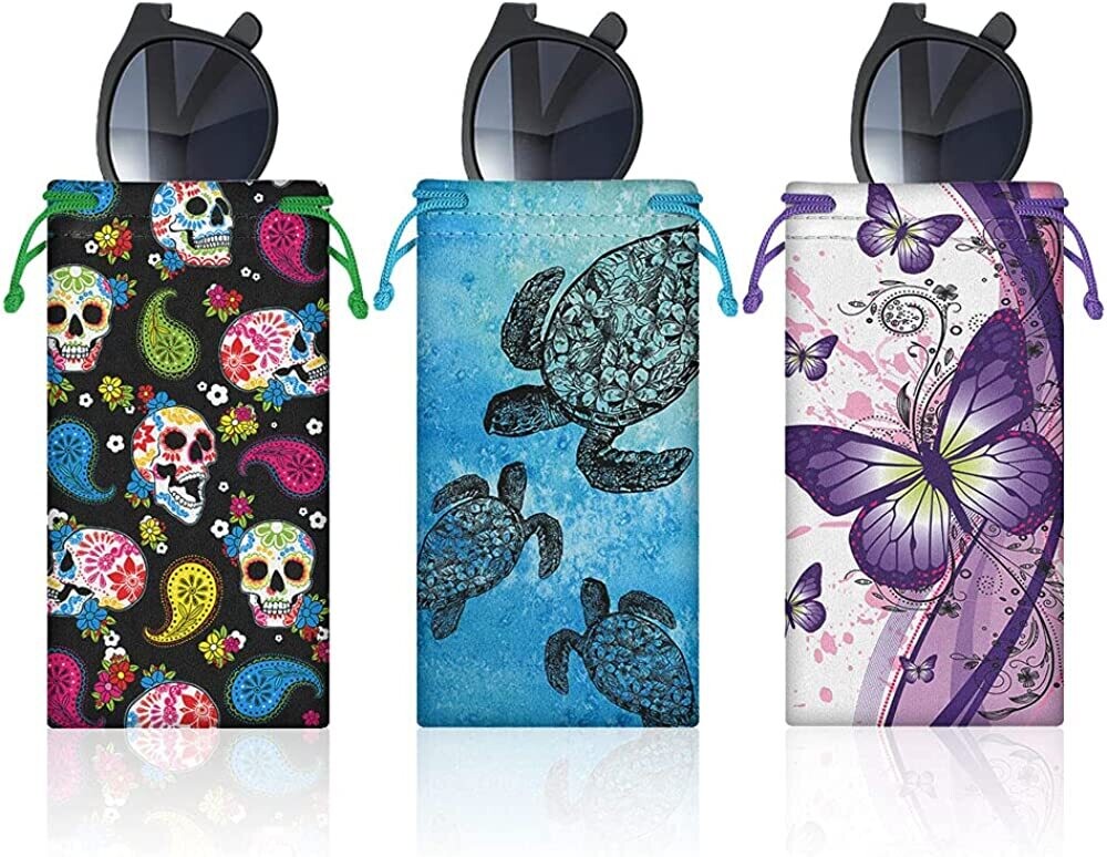 SET OF 3 Polyester Eyeglasses Case - SKULLS/TURTLES/BUTTERFLIES PRINT