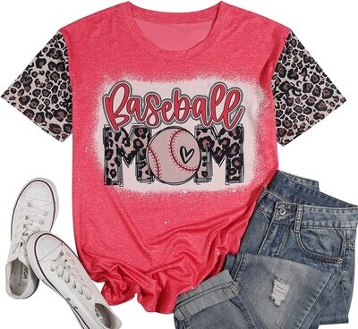 WOMEN'S BASEBALL MOM GRAPHIC TEE - BLEACHED RED/LEOPARD