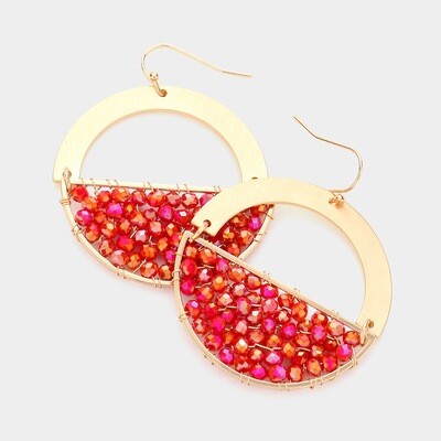 Faceted Bead Wrapped Circle Dangle Earrings - RED