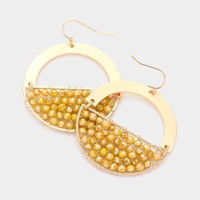 Faceted Bead Wrapped Circle Dangle Earrings - Mustard