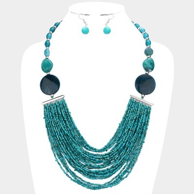 Marbled Bead Seed Beaded Multi Layered Necklace & Earrings Set - Turquoise