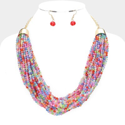 Faceted Beaded Multi Layered Necklace & Earrings Set - Multi Color