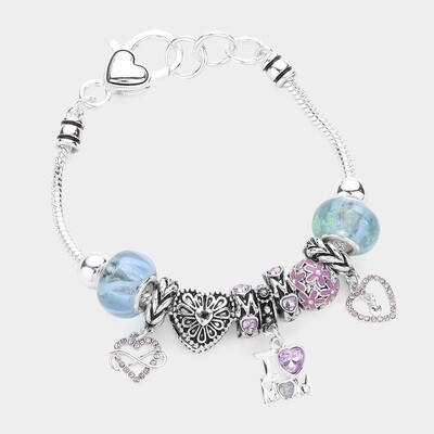 Infinity Heart I Love Mom Message Charm Multi Bead Bracelet - MOM