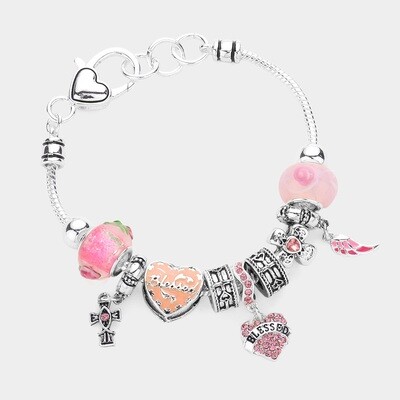 CROSS BLESSED MESSAGE HEART WING CHARM MULTI BEADED BRACELET - PINK BLESSED