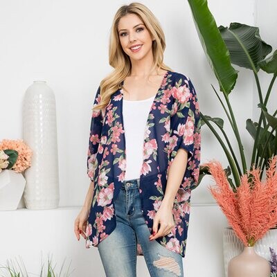 Flower Patterned Cover Up Kimono - Navy