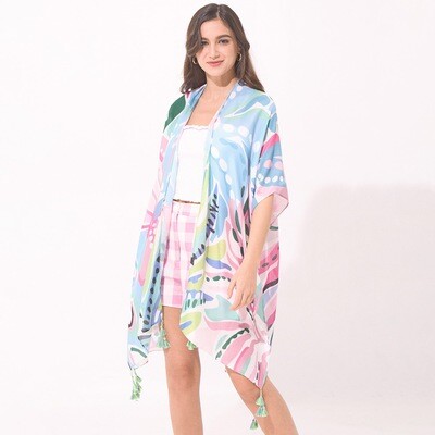 TROPICAL FLORAL PRINT COVER UP KIMONO - PINK/BLUE MULTI