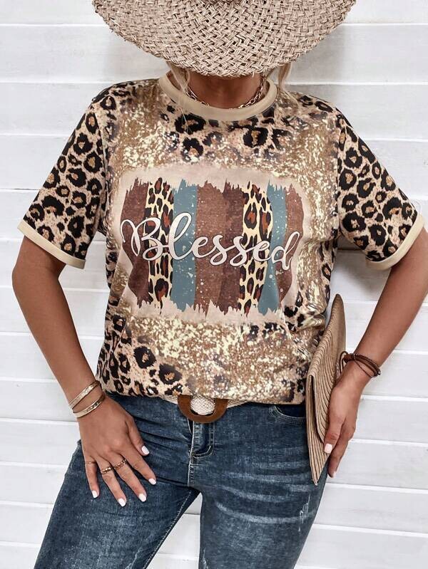 Leopard &amp; Letter Graphic Tee - BLESSED