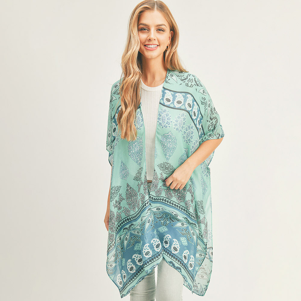 FLORAL PATTERNED COVER UP KIMONO- TURQUOISE