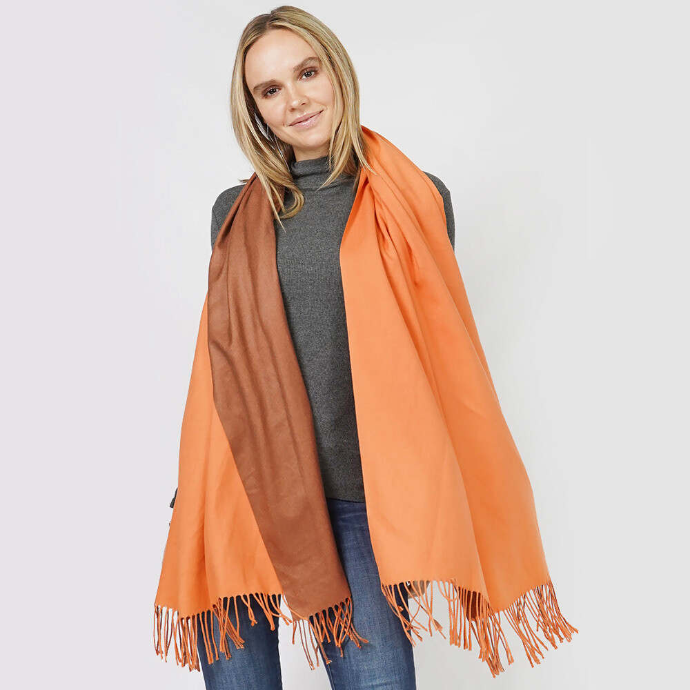 Reversible Solid Shawl Oblong Scarf - ORANGE/TASSEL