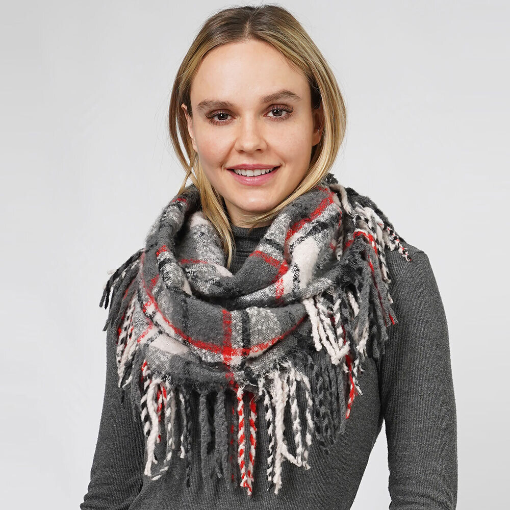 Plaid Check Patterned Fringe Infinity Scarf- GRAY