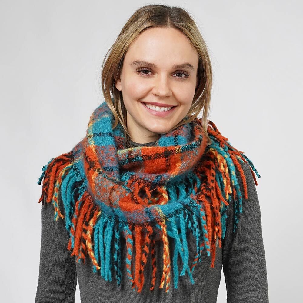 Plaid Check Patterned Fringe Infinity Scarf- TEAL