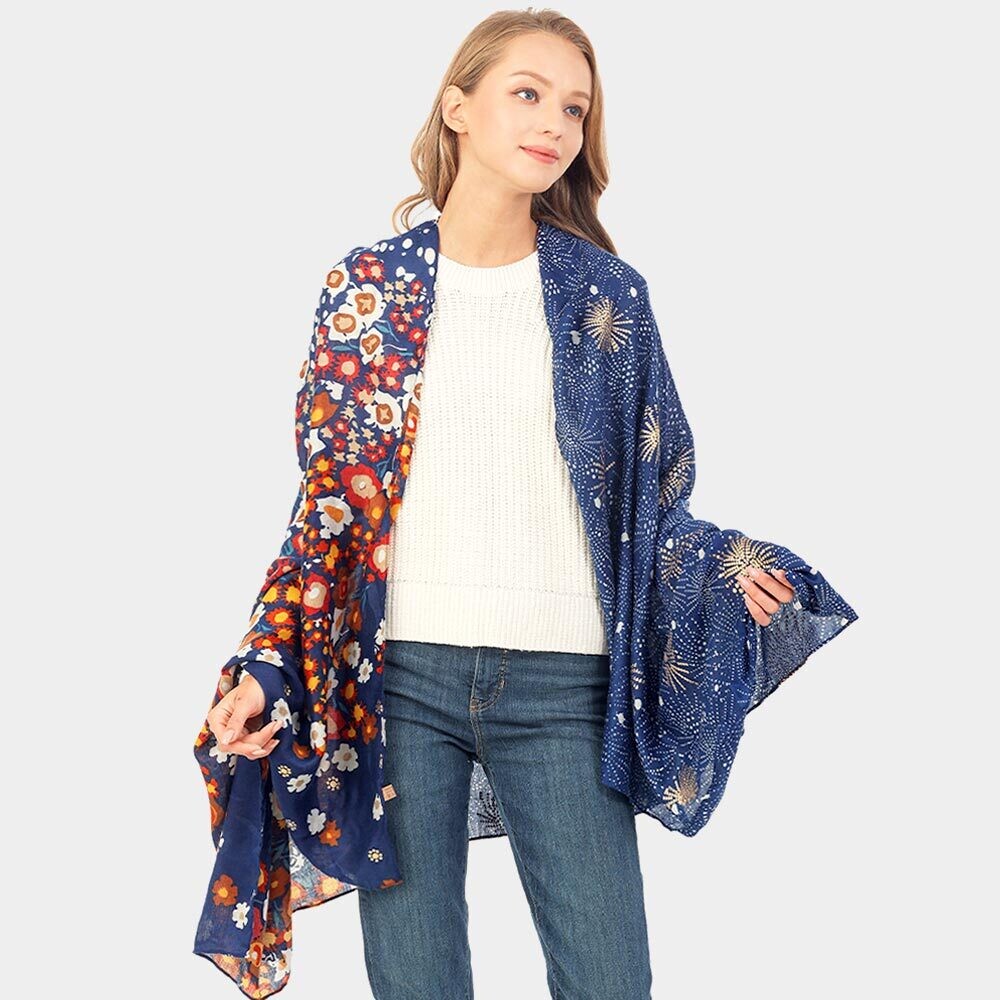 Flower Pattern Oblong Scarf - BLUE
