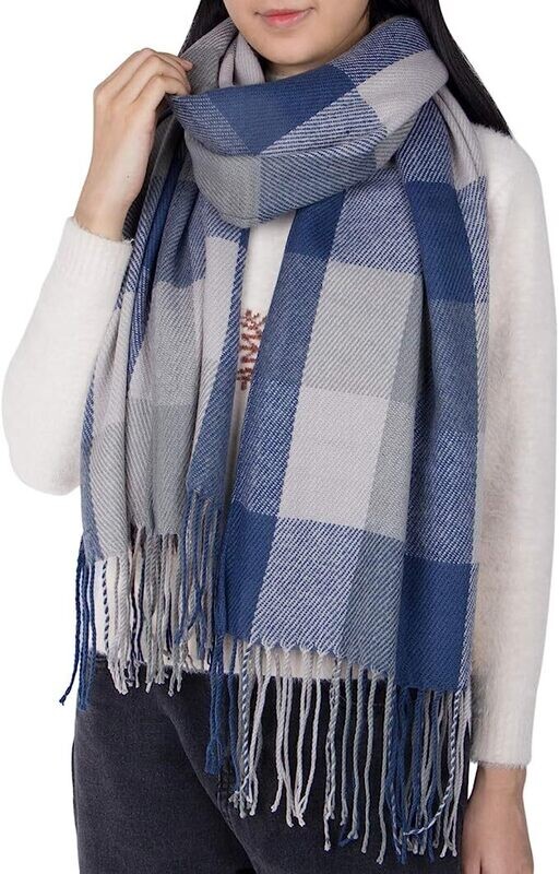 PLAID BLANKET SCARF - BLUE/GREY