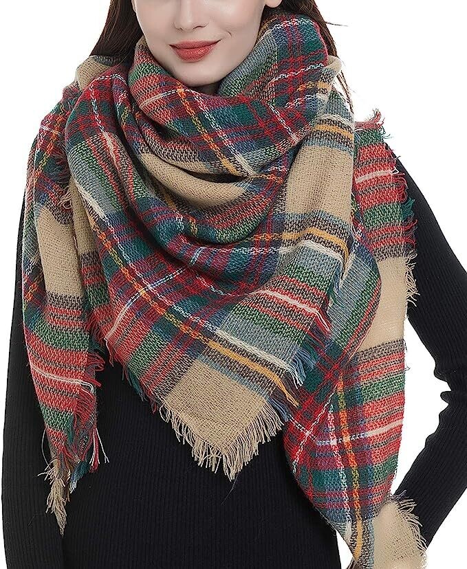 PLAID BLANKET SCARF - KHAKI MULTI