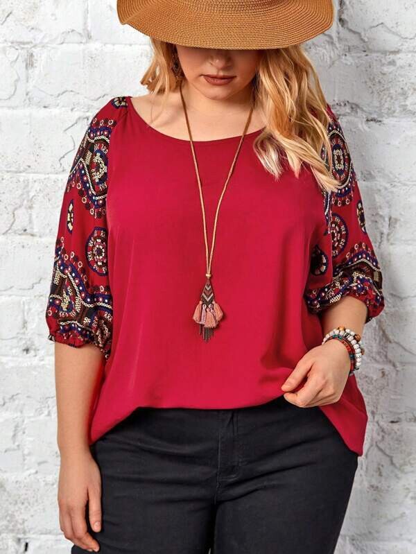 Plus Floral Print Raglan Sleeve Blouse