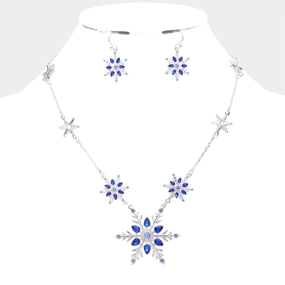 Embellished Metal Snowflake Station Necklace/Earrings Set