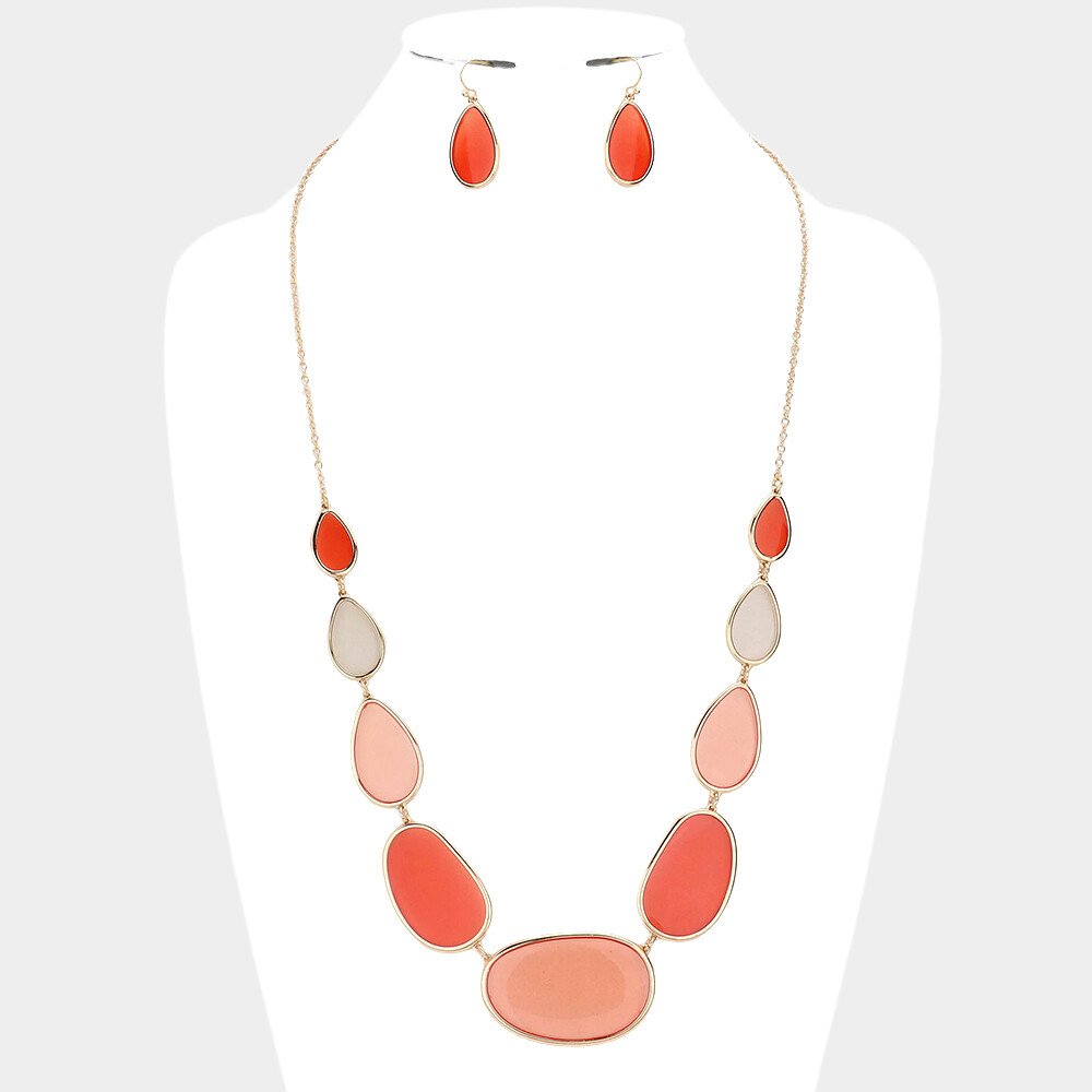 Lucite Link Long Necklace/Earrings Set- CORAL