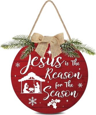Wooden Door Hanger Wreath - JESUS IS THE REASON - RED