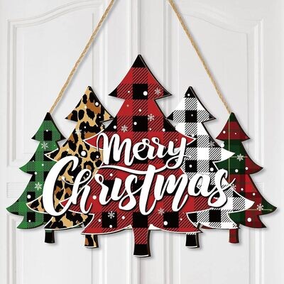 Wooden Door Hanger Wreath - MERRY CHRISTMAS BUFFALO PLAID TREES