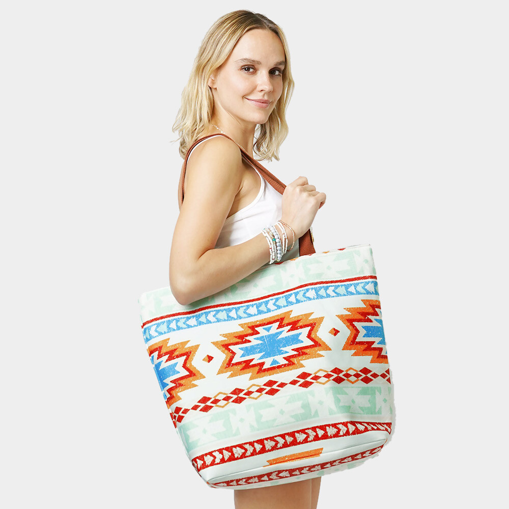 AZTEC PATTERNED BEACH TOTE BAG - ORANGE MULTI