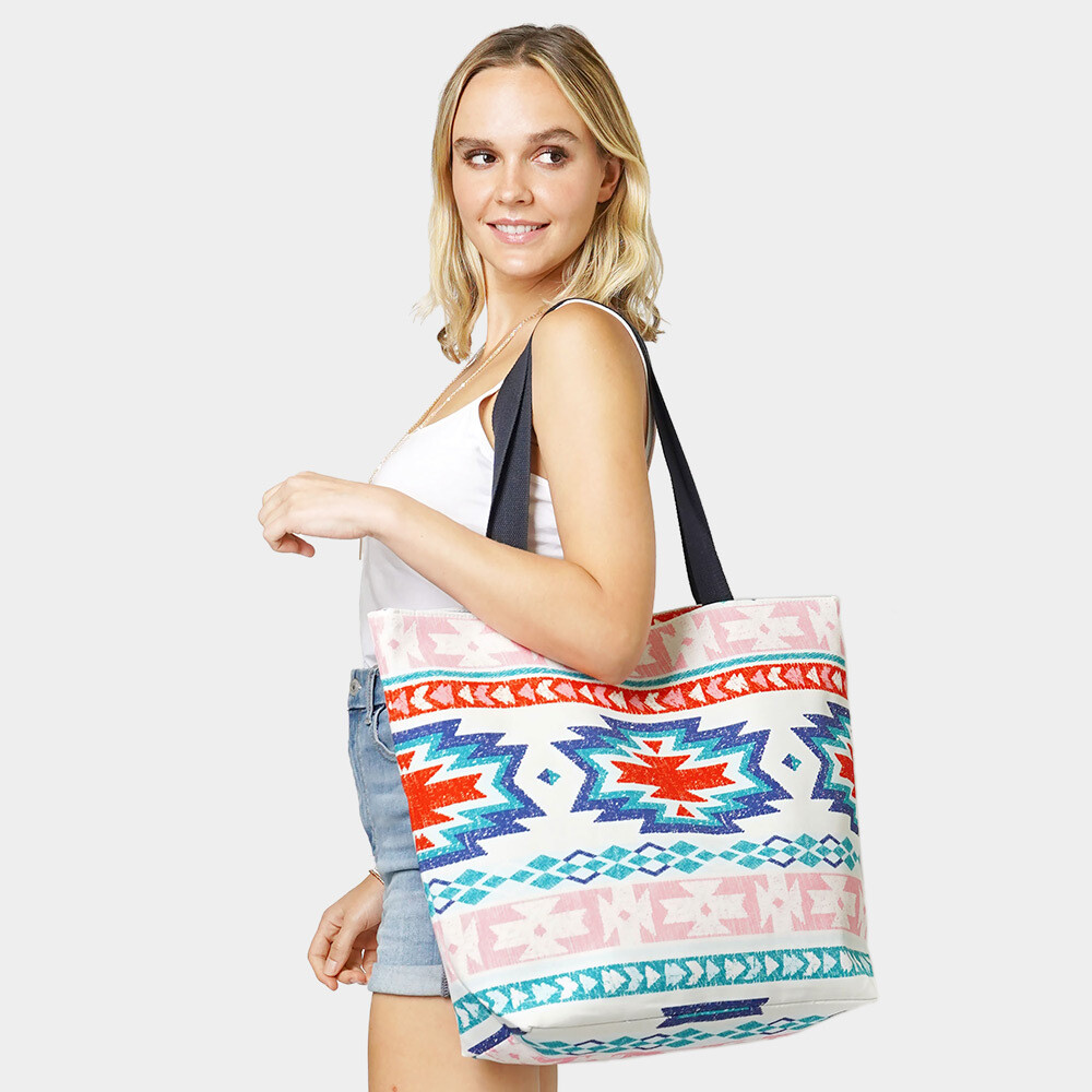 AZTEC PRINT BEACH BAG TOTE BAG - BLUE MULTI
