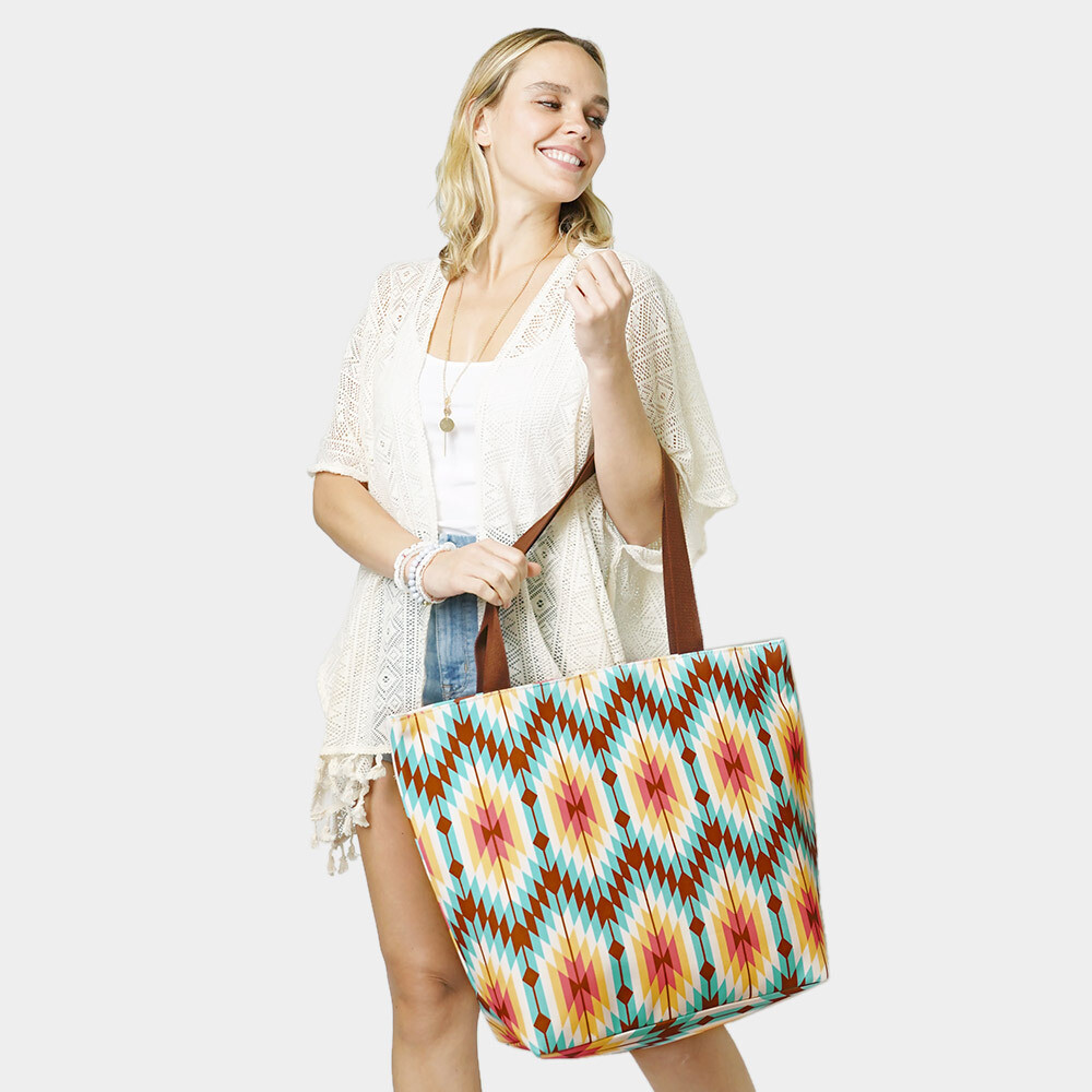 AZTEC PATTERN BEACH TOTE BAG - GREEN