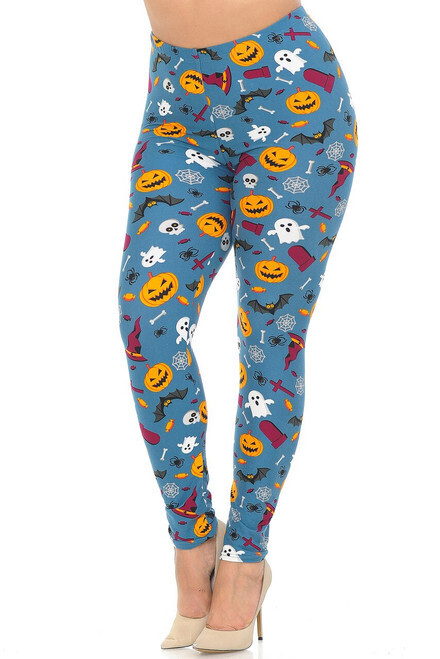 PLUS SIZED LEGGINGS - STEEL BLUE HALLOWEEN MULTI