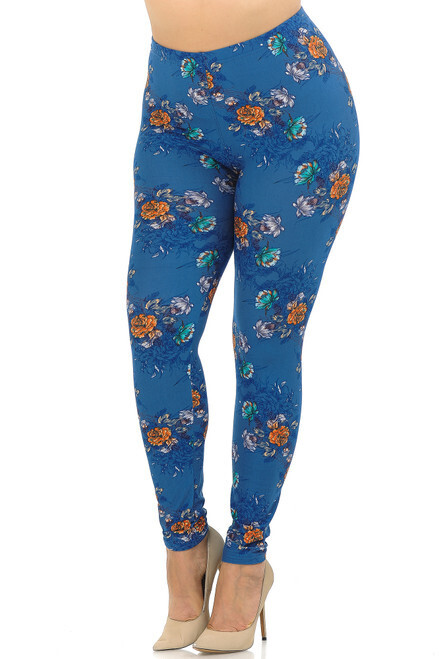 ​EXTRA PLUS SIZED LEGGINGS - DENIM BLUE FLORAL ROSE