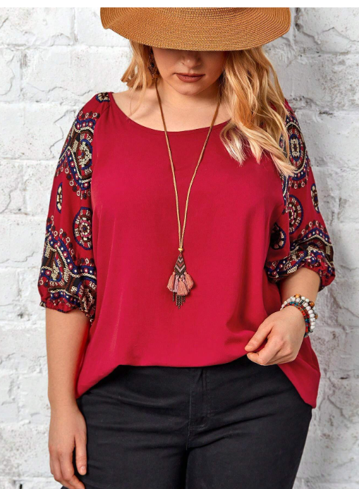 Plus Floral Print Raglan Sleeve Blouse - RED