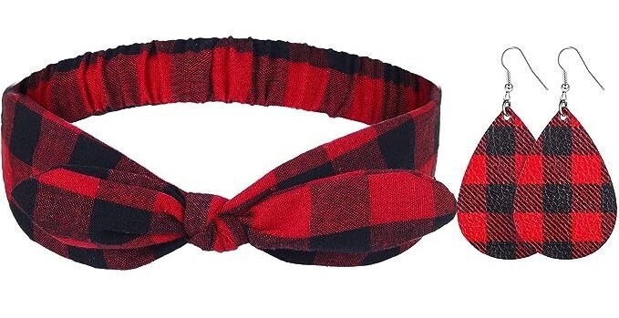BUFFALO PLAID HEADBAND &amp; EARRINGS SET - RED/BLACK
