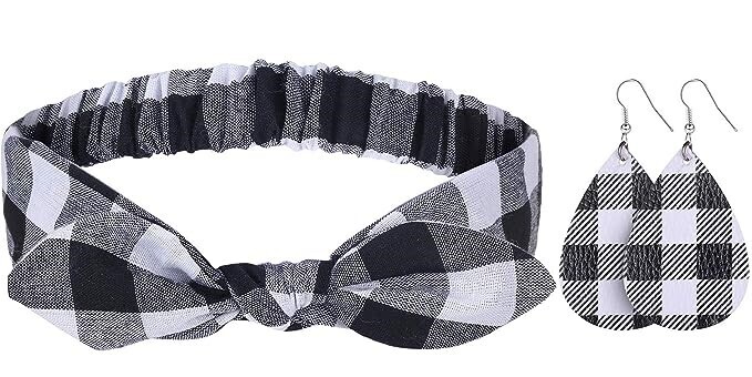 BUFFALO PLAID HEADBAND &amp; EARRINGS SET - BLACK/WHITE