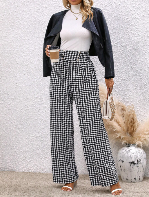 HOUNDSTOOTH PRINT WIDE LEG PANTS - BLACK/WHITE