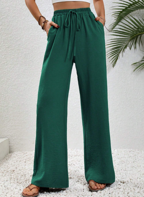 SOLID DRAWSTRING WAIST WIDE LEG PANTS - FOREST GREEN

I