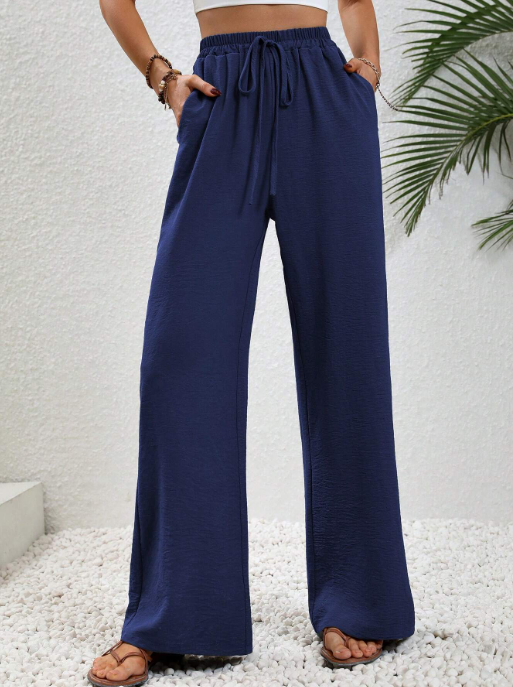 SOLID DRAWSTRING WAIST WIDE LEG PANTS - NAVY BLUE