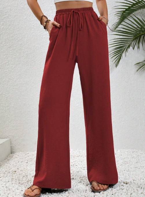 SOLID DRAWSTRING WAIST WIDE LEG PANTS - BURGUNDY
