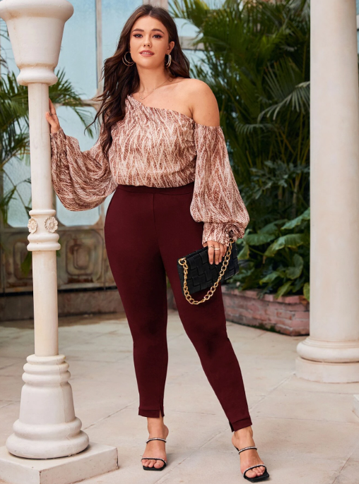 PLUS SOLID HIGH WAISTED SKINNY PANTS - BURGUNDY