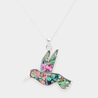 Abalone Embossed Metal Bird Pendant Necklace