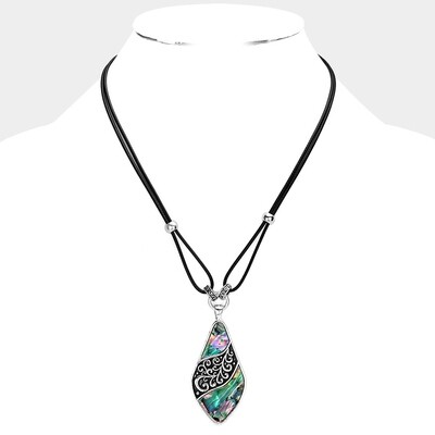 Abalone Embossed Antique Metal Pendant Necklace